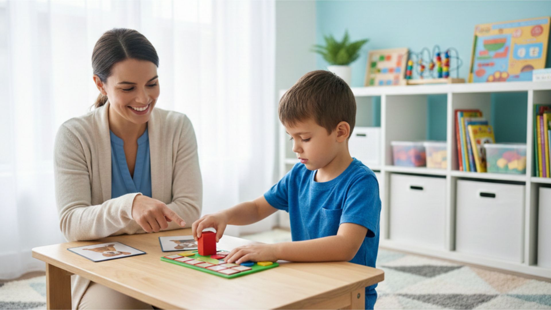 Profissional de terapia ABA trabalhando com criança em atividade de desenvolvimento em ambiente educacional